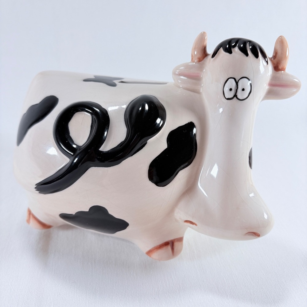 Vintage Ceramic Holstein Cow Piggy Bank Whimsical Farmhouse Decor